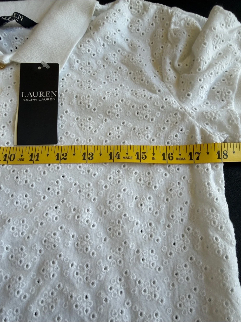NWT Lauren Ralph Lauren White Cotton Eyelet Polo Top Puff Sleeve M
